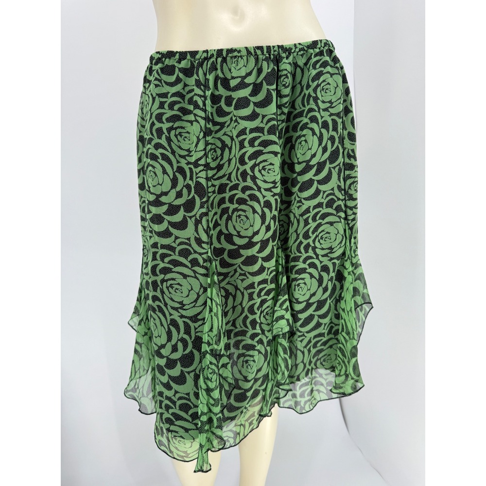 Y2K Worthington Silk Green Black Rose Print Handkerchief Hem Skirt Sz‎ 14